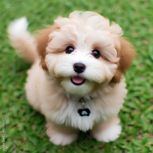 Adorable fluffy puppy with big eyes and a happy expression, sitting on green grass. Perfect for stickers, pet products, and cute decor