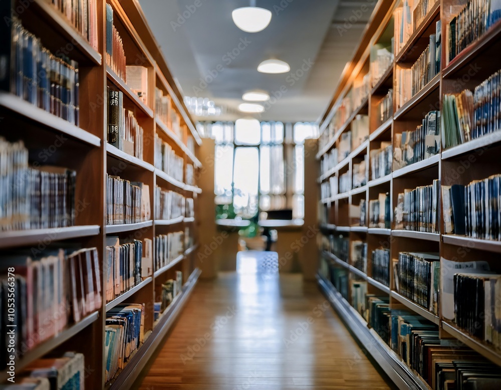 Fototapeta premium Library featuring rows of books, reading spaces, and educational resources representing knowledge, learning, and research.