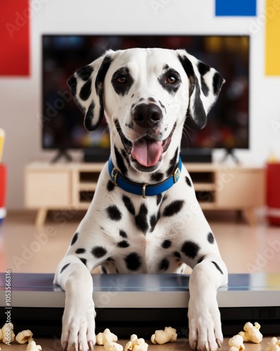 Dalmatian Dog Enjoying Game Day with Popcorn. photo