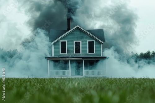 Mysterious Smoke Surrounds Abandoned House in Eerie Landscape Scene