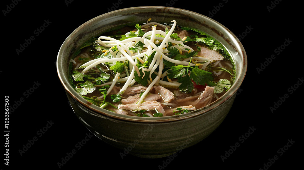 A fragrant bowl of Vietnamese pho ga, featuring tender chicken, rice noodles, fresh herbs, and crispy bean sprouts in a savory broth A fragrant bowl of Vietnamese pho ga, featuring tender chicken, rice noodles, fresh herbs, and crispy bean sprouts in a savory broth
