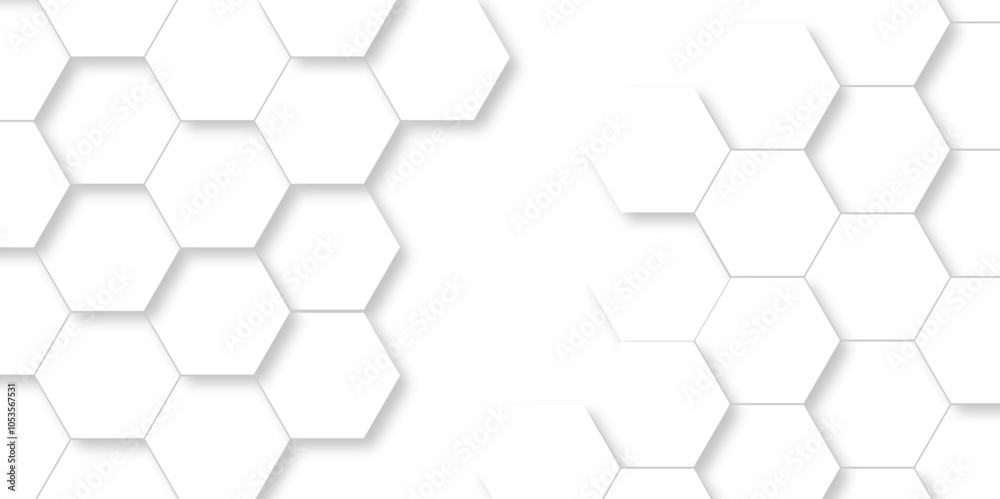 Vector Minimal White Hexagonal Background. Luxury White Pattern. 3D Futuristic abstract honeycomb mosaic white background. geometric mesh cell texture. modern futuristic wallpaper.
Vector Minimal White Hexagonal Background. Luxury White Pattern. 3D Futuristic abstract honeycomb mosaic white background. geometric mesh cell texture. modern futuristic wallpaper.