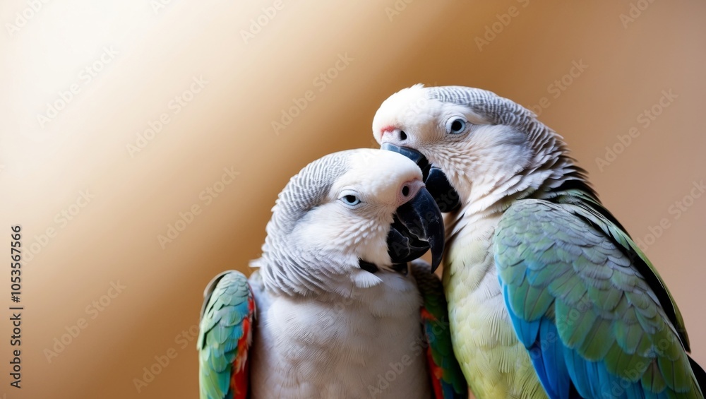 Obraz premium Two Parrots Cuddle in a Soft Blur of Light.