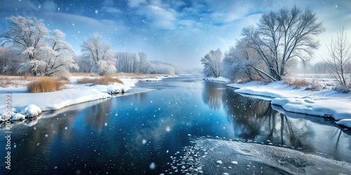 Winter river landscape with heavy snowfall photo