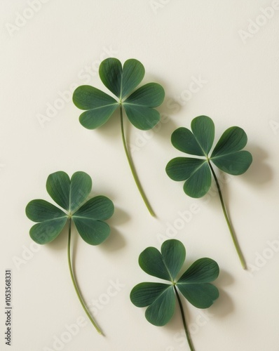 Four fresh green clovers arranged aesthetically on a light background. photo