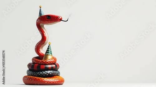 Cheerful 3D snake figurine with party hats and blowing party whistles photo