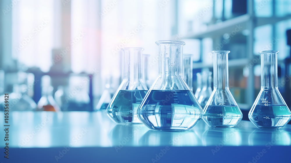 Blue chemistry abstract background, copy background space with ampoules for chemical scientific experiments