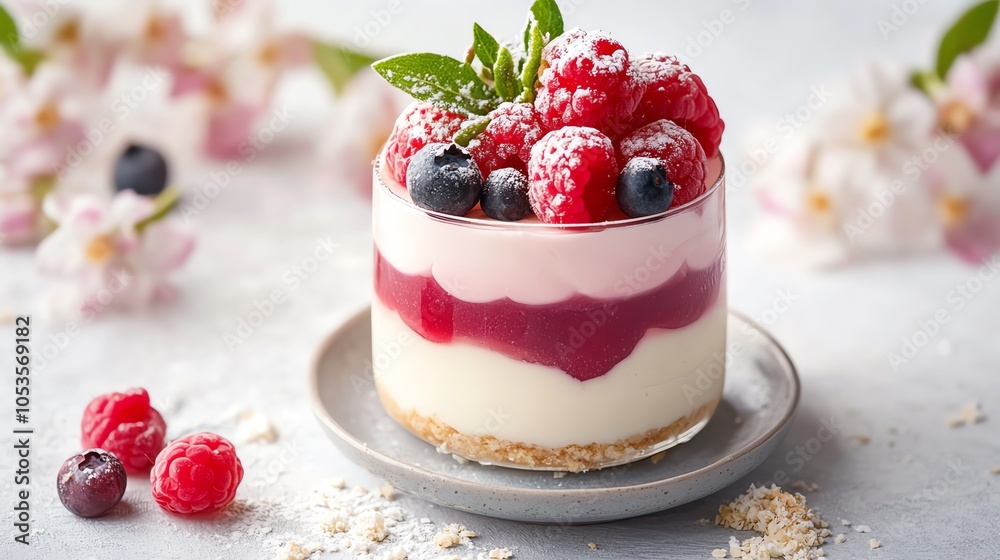 Delicious layered dessert with berries and cream in a glass, garnished with mint leaves on a light background. Delicious layered dessert with berries and cream in a glass, garnished with mint leaves on a light background.