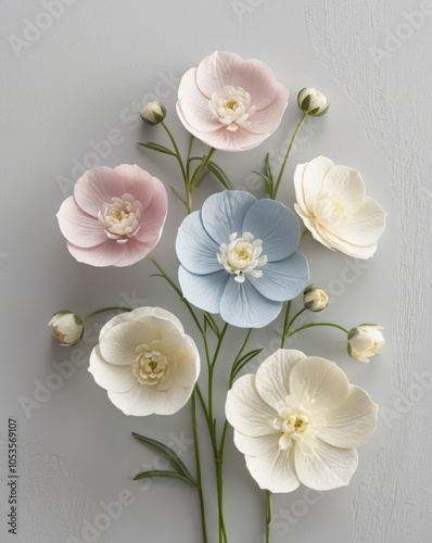 Delicate Watercolor Columbine Flowers Arranged on Light Gray Background. photo