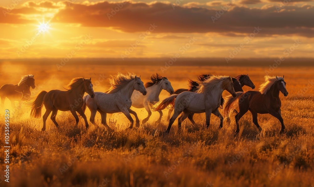 Obraz premium Wild horses galloping across an open prairie at sunset, 4K hyperrealistic photo
