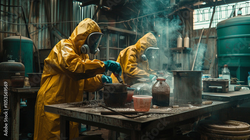 Ecuadorian laborers using toxic chemicals without protective masks, risking respiratory illnesses in a poorly regulated factory. photo