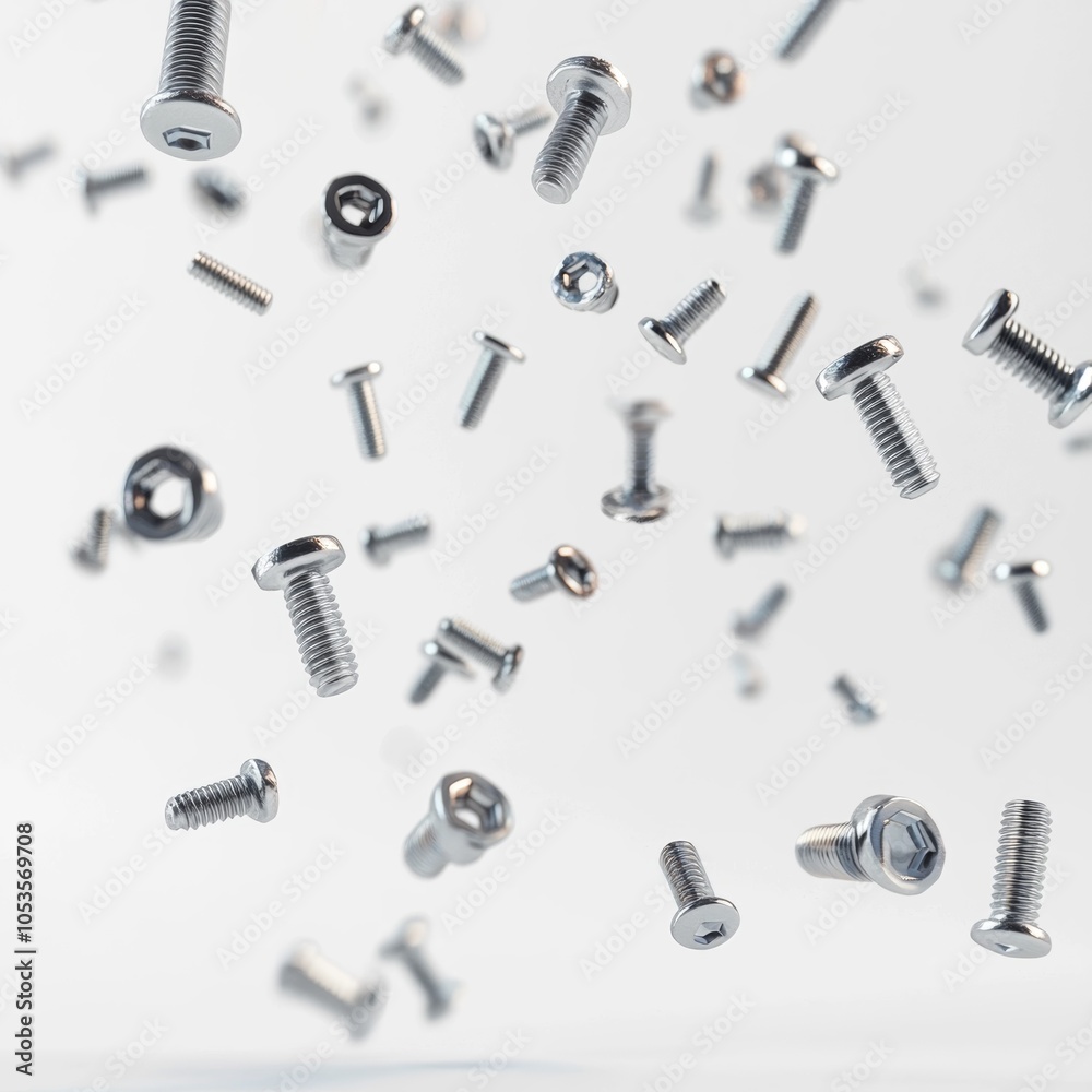 Falling metal screws, white isolate background Falling metal screws, white isolate background
