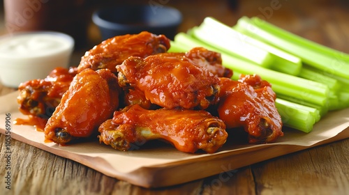 Delicious spicy chicken wings served with celery sticks and dipping sauce on a wooden platter.