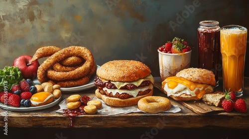 Delicious spread of assorted foods including burgers, drinks, and desserts on a rustic wooden table.