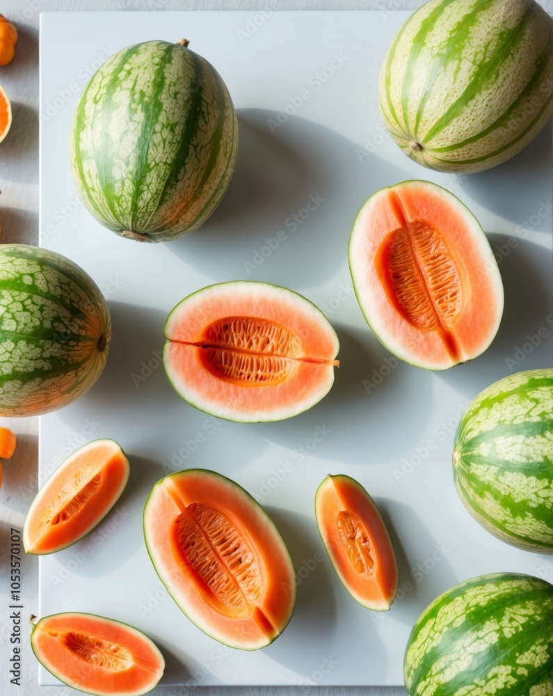 Flat Lay Composition With Ripe Melons On Grey Table Space For Text. Flat Lay Composition With Ripe Melons On Grey Table Space For Text.