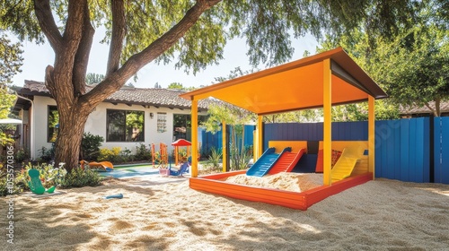 Wallpaper Mural A brightly colored sandbox with a roof overhead keeps kids cool and shaded while they play outside on sunny days. Torontodigital.ca