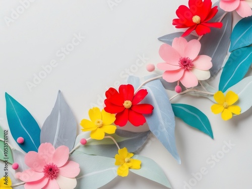 Watercolor Floral Border with Pink Red and Yellow Flowers and Blue and Gray Leaves. photo