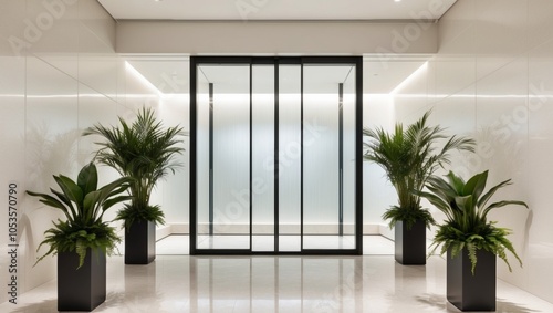 Modern Lobby Entrance with Glass Doors and Plants.