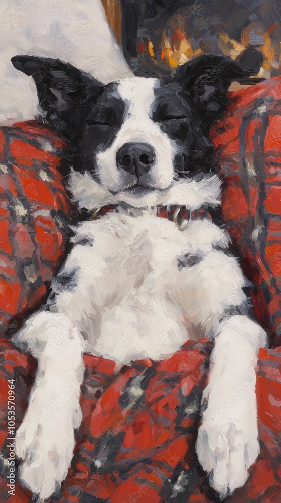 Obraz premium A Cozy Dog Relaxing by the Fireplace in a Plush Blanket