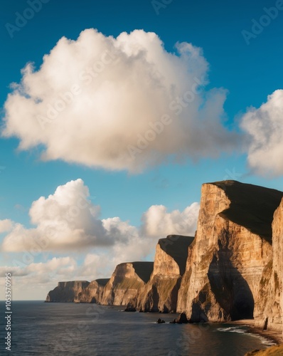 Majestic Sea Cliffs with Blue Sky and White Clouds. photo