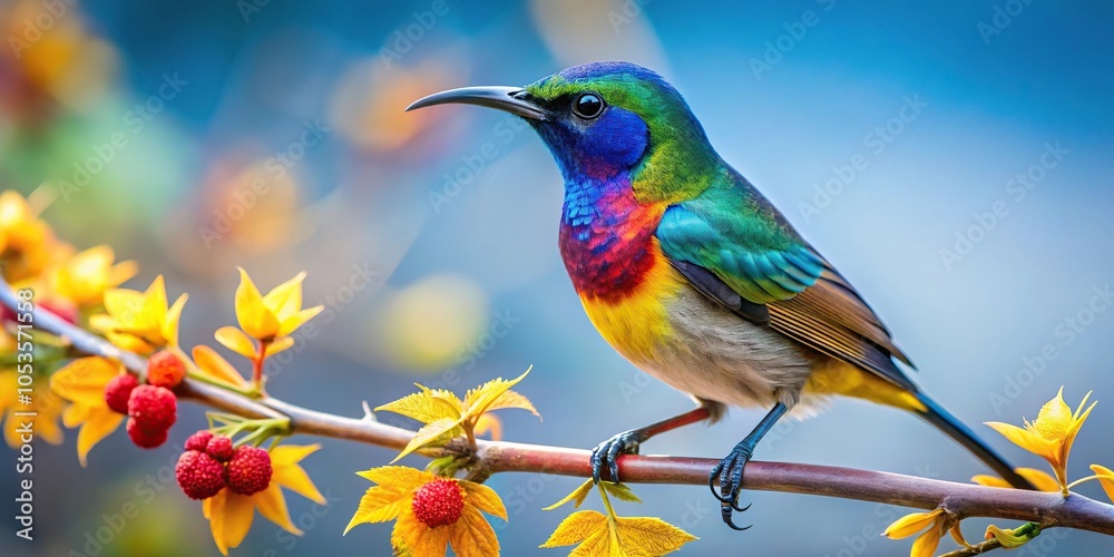 Winter scene with sycamore tree and sunbird perched at a tilted angle Winter scene with sycamore tree and sunbird perched at a tilted angle