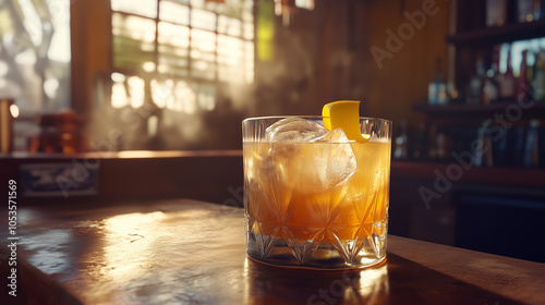 Whiskey sour cocktail with ice and lemon twist on wooden bar