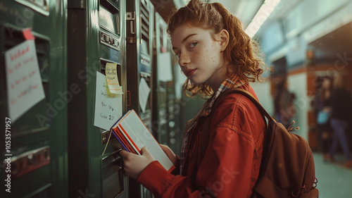 At her locker, a teenage girl retrieves her books while a hurtful note taunts her from the door, symbolizing bullying.