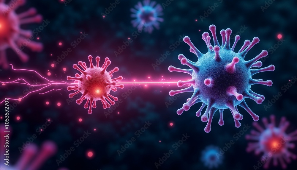3D illustration of virus cells interacting with digital light effects for medical and scientific purposes
3D illustration of virus cells interacting with digital light effects for medical and scientific purposes