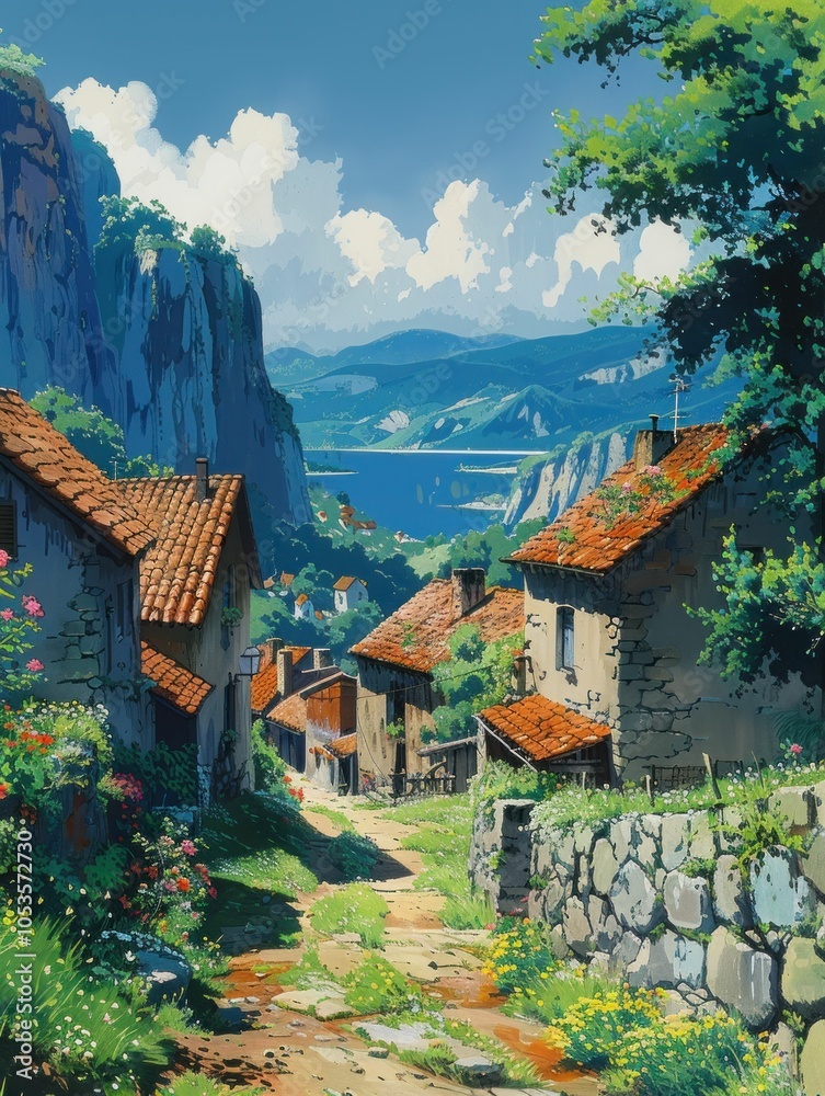 Obraz premium scenic village landscape, beautiful mountains, bright sky, cobblestone path leads through lush greenery and charming houses with red roofs, ideal for serene activities and travel inspiration