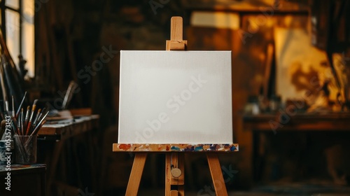 A wooden easel with a blank canvas and painting tools, perfect for young artists.  There's room for you to add your own message!