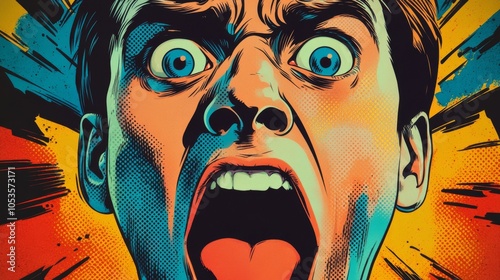 Pop-art illustration of shocked man with wide eyes and open mouth. Comic books style, surprise, fear
