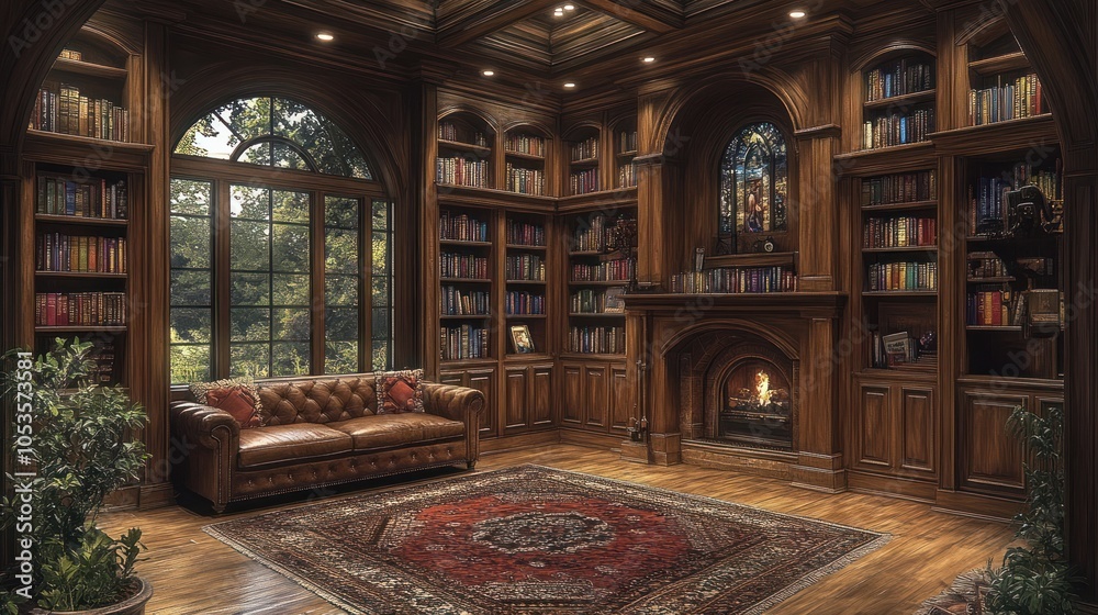 Obraz premium A cozy, book-lined room with a fireplace and a leather couch