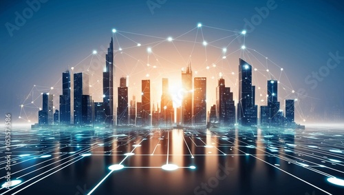  Digital representation of a glowing cityscape with connected networks, symbolizing smart cities and futuristic technology in an ultra-clear, high-resolution image #1053573586