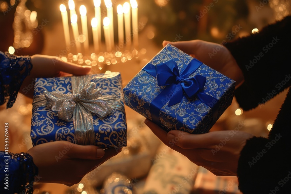 Fototapeta premium Hanukkah Gift Exchange: A close-up of hands exchanging wrapped gifts in festive blue and silver paper with bows. The background shows a decorated room with a lit menorah, symbolizing the tradition of