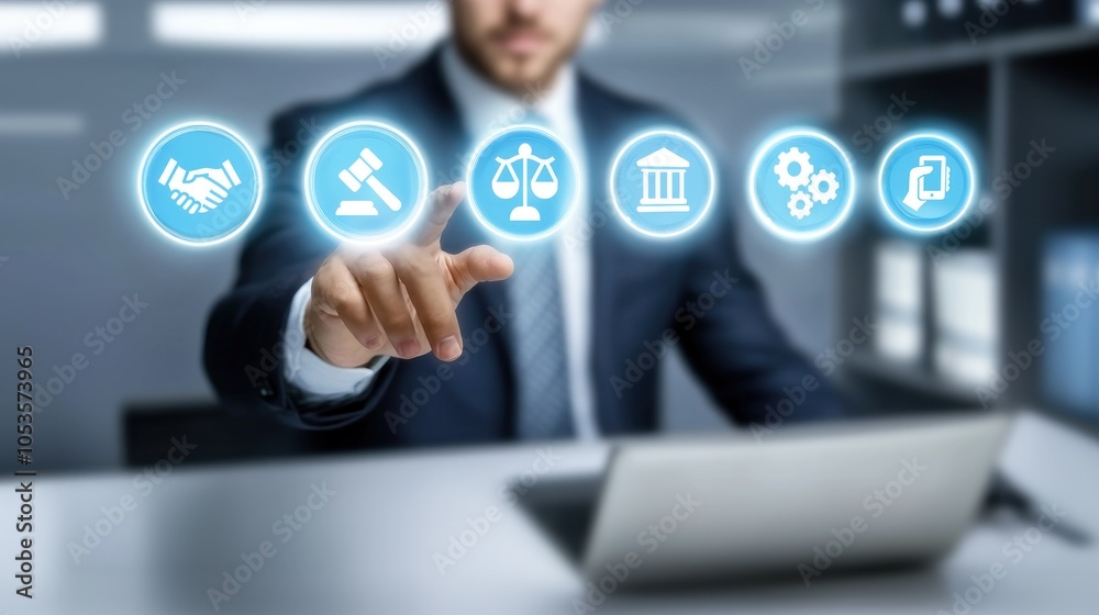 Businessman in office touching law icons on virtual screen, symbolizing digital advancements in legal research, legal technology, justice automation Businessman in office touching law icons on virtual screen, symbolizing digital advancements in legal research, legal technology, justice automation