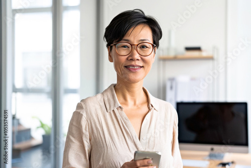 Confident professional mature asian woman holding smartphone in modern office photo