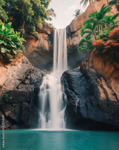 Majestic Waterfall in Lush Tropical Environment. photo