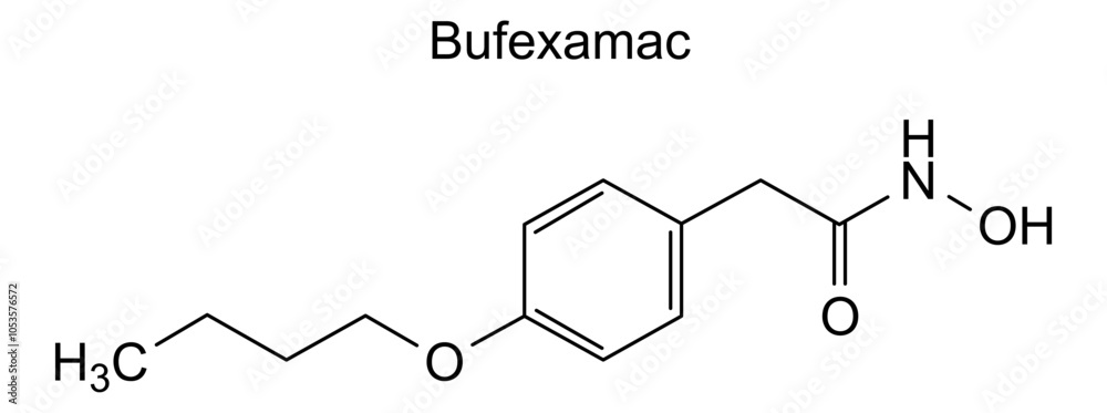 Chemical structure of bufexamac, drug substance Chemical structure of bufexamac, drug substance