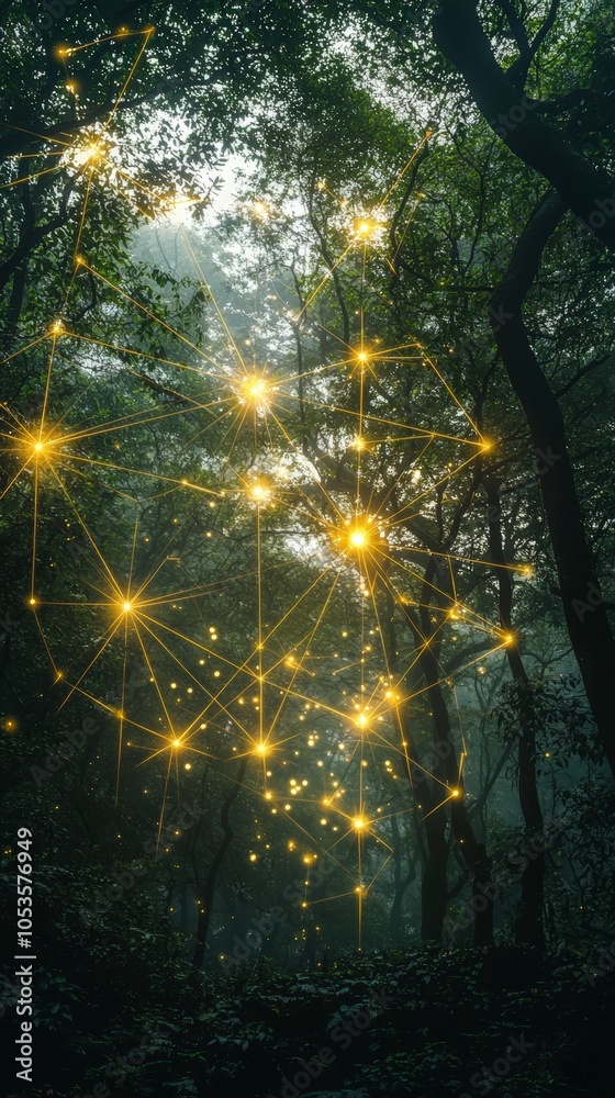 A forest scene with a golden digital light network stretching through the trees, merging technology with nature in a magical, ethereal atmosphere. A forest scene with a golden digital light network stretching through the trees, merging technology with nature in a magical, ethereal atmosphere.