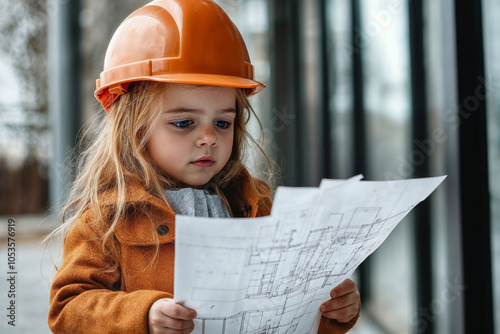 Young girl dressed as an engineer reviewing blueprints