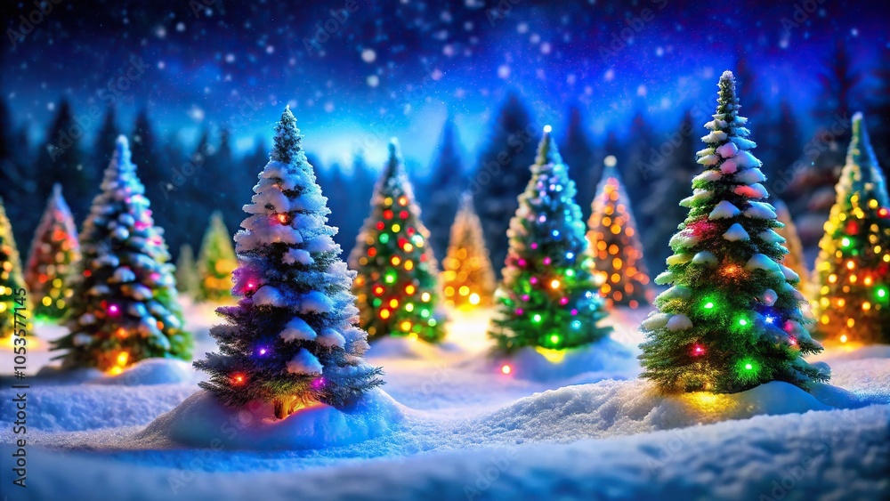 Winter wonderland scene with vibrant Christmas trees in the dark Winter wonderland scene with vibrant Christmas trees in the dark