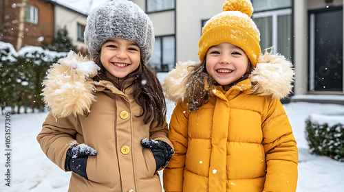 Children bundled up in winter coats, playing in the snow, joyful winter fun, expressive brushstrokes and bright colors capturing their energy 