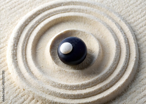 Two stones black and white, symbolize the balance of yin and yang on white sand in a Japanese Zen garden style. Sand waves, harmony, tranquility, mindfulness, minimalism, Massage stone