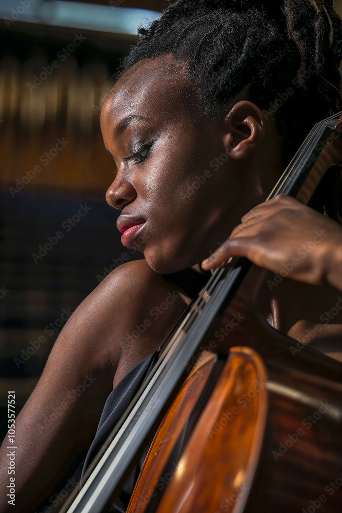 Black Woman passionately playing cello in dim lighting. Generative AI image Black Woman passionately playing cello in dim lighting. Generative AI image