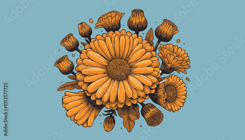 Calendula flower flat vector illustration.
The Cute Calendula Flower vector artwork is a charming and vibrant digital illustration.
A Calendula flower illustration.