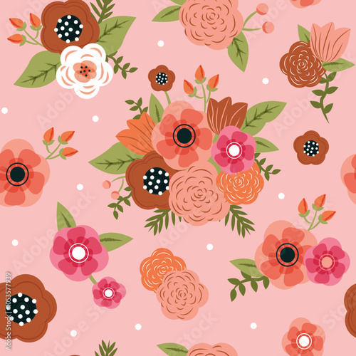 Pink boho flowers seamless vector pattern