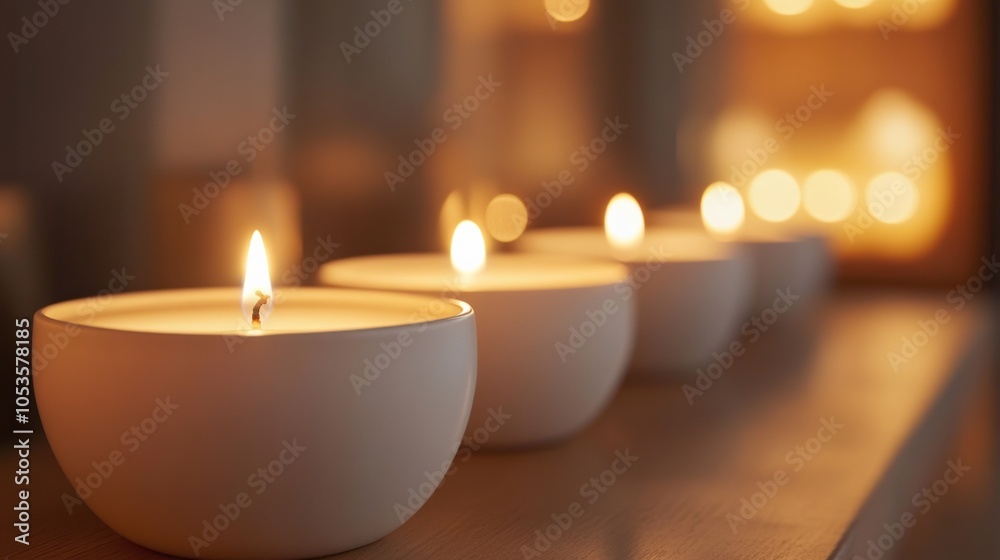 White Essential Oil Candles Lined Up in a Row, Exuding a Calming Atmosphere with Soft, Warm Glow White Essential Oil Candles Lined Up in a Row, Exuding a Calming Atmosphere with Soft, Warm Glow