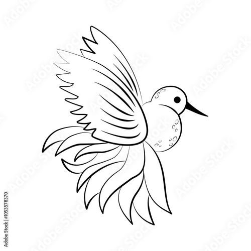 Magic bird of happiness with bushy tail isolated on a white background. Vector black line drawing with copy space. Character coloring book for children, applique, logo