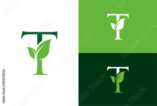 Green eco letters T logo with leaves. symbol alphabet botanical natural. template leaf logo