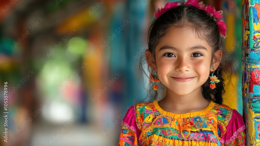Young Mexican girl with a colorful dress and a playful smile. Young Mexican girl with a colorful dress and a playful smile.